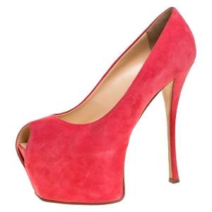 Pre Owned Giuseppe Zanotti Coral Pink Suede Liza Peep Toe Platform Pumps Size 39