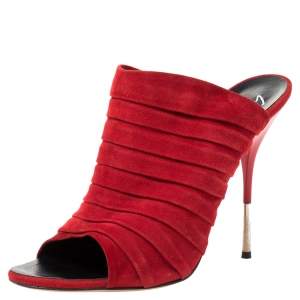 Pre Owned Giuseppe Zanotti Red Pleated Suede Open Toe Mule Sandals Size 39