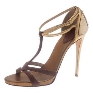 Pre Owned Giuseppe Zanotti Cognac & Gold Leather Metal Plated T-Strap Sandals Size 38.5