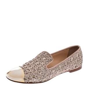 Pre Owned Giuseppe Zanotti Metallic Gold Coarse Glitter Metal Cap Toe Flats Size 38