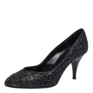 Pre Owned Giuseppe Zanotti Black Glitter Olinda V Throat Pumps Size 38.5