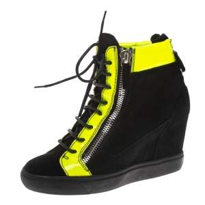 Pre Owned Giuseppe Zanotti Black Suede And Fluorescent Yellow Patent High Top Wedge Sneakers Size 37