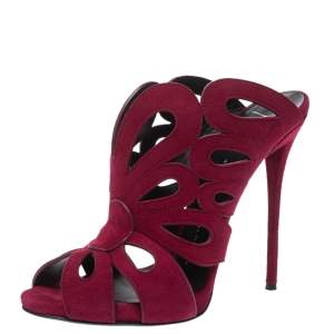 Pre Owned Giuseppe Zanotti Red Cutout Suede Peep Toe Sandals Size 38