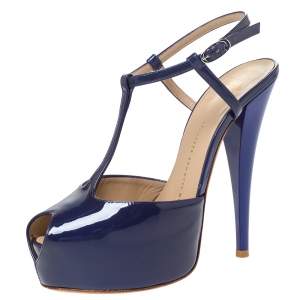 Pre Owned Giuseppe Zanotti Purple Patent Leather T-Strap Platform Peep Toe Sandals Size 36.5