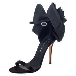 Pre Owned Giuseppe Zanotti Black Satin Flower Embellished Ankle Strap Sandals Size 36.5 