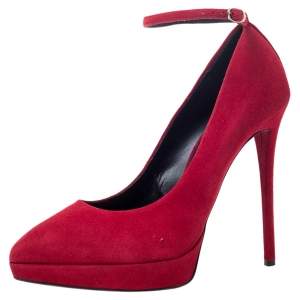 Pre Owned Giuseppe Zanotti Red Suede Ankle Strap Platform Pointed Toe Pumps Size 39