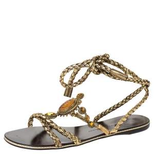 Pre Owned Giuseppe Zanotti Gold Woven Leather Crystal Embellished Ankle Wrap Flats Size 38