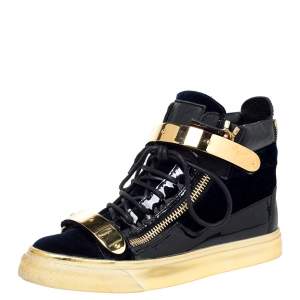 Pre Owned Giuseppe Zanotti Blue/Gold Velvet and Leather Coby High Top Sneakers Size 37