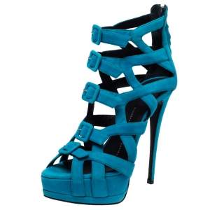 Pre Owned Giuseppe Zanotti Blue Suede Buckle Detail Platform Cage Sandals Size 38.5