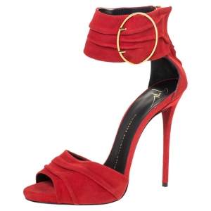 Pre Owned Giuseppe Zanotti Red Pleated Suede Ringed Ankle Strap Sandals Size 37.5 
