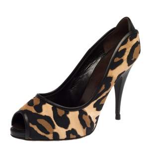 Pre Owned Giuseppe Zanotti Leopard Print Canvas Peep Toe Pumps Size 36.5