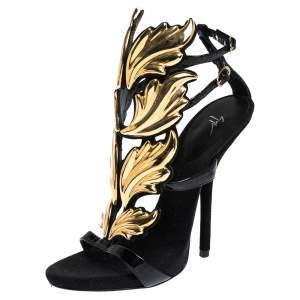 Pre Owned Giuseppe Zanotti Black/Gold Leather and Suede Cruel Summer Sandals Size 38.5