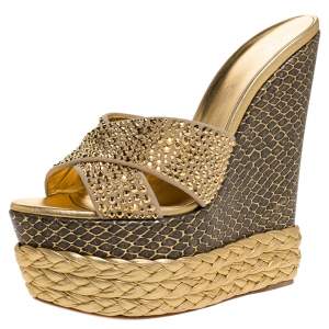 Pre Owned Giuseppe Zanotti Multicolor Suede And Leather Crystal Embellished Platform Wedge Sandals Size 38