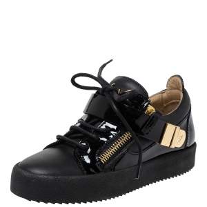 Pre Owned Giuseppe Zanotti Black Patent Leather Double Zipper Low Top Sneakers Size 35.5