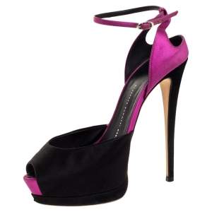 Pre Owned Giuseppe Zanotti Black/Purple Satin And Suede Peep Toe Ankle Strap Platform Sandals Size 37.5