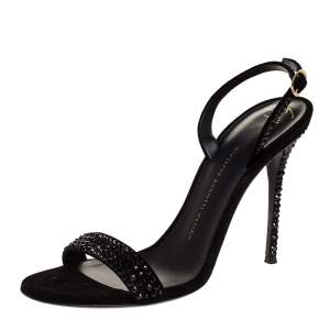 Pre Owned Giuseppe Zanotti Black Suede Crystal Embellished Slingback Sandals Size 39