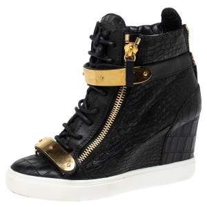 Pre Owned Giuseppe Zanotti Black Croc Embossed Leather Lorenz Wedge Sneakers Size 38