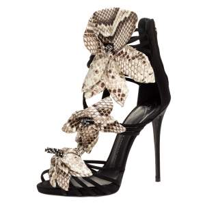 Pre Owned Giuseppe Zanotti Black Satin And Embossed Snakeskin Strappy Sandals Size 39