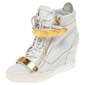 Pre Owned Giuseppe Zanotti White Croc Embossed Leather Lorenz Wedge High Top Sneakers Size 38