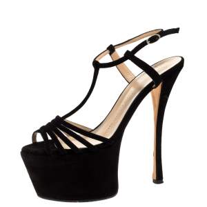 Pre Owned Giuseppe Zanotti Black Suede Leather T-Strap Platform Sandals Size 37