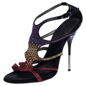 Giuseppe Zanotti Black Multicolor Crystal Embellished Suede Cut Out Sandals Size 37