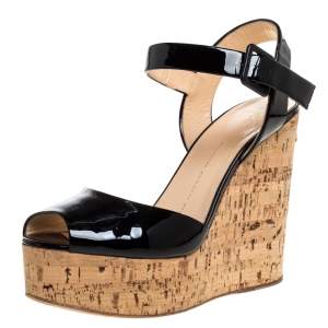 Pre Owned Giuseppe Zanotti Black Patent Leather Cork Platform Wedge Sandals Size 38