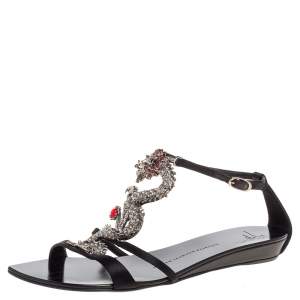 Pre Owned Giuseppe Zanotti Black Satin Crystal Embellished Dragon Ankle Strap Flat Sandals Size 39