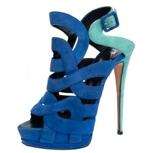 Giuseppe Zanotti Blue Suede Cutout Caged Slingback Sandals Size 40