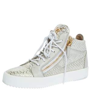 Pre Owned Giuseppe Zanotti White Python Embossed Leather Double Zip High Top Sneakers Size 37.5