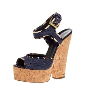 Pre Owned Giuseppe Zanotti Dark Wash Denim Cork Heel Platform Wedge Sandals Size 39