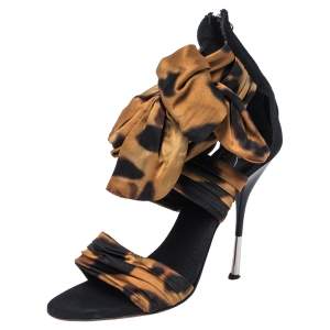 Pre Owned Giuseppe Zanotti Brown/Black Fabric And Leather Bow Ankle Cuff Sandals Size 38
