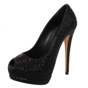 Pre Owned Giuseppe Zanotti Black Crystal Embellished Peep Toe Platform Pumps Size 37