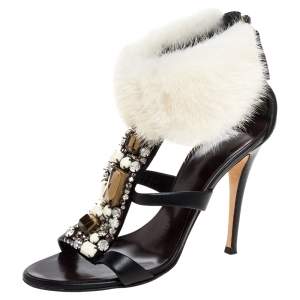 Giuseppe Zanotti Black Jewel Embellished Leather Fur Trim Sandals Size 36.5