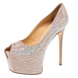 Pre Owned Giuseppe Zanotti Beige Suede Crystal Embellished Liza Peep Toe Platform Pumps Size 37.5