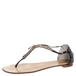 Pre Owned Giuseppe Zanotti Black Patent Crystal And Zip Embellished Thong Flat Ankle Strap Sandals Size 41