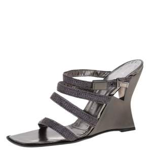 Pre Owned Giuseppe Zanotti Metallic Grey Woven Glitter Fabric Wedge Strappy Sandals Size 38.5