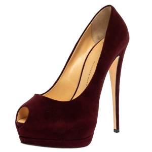 Pre Owned Giuseppe Zanotti Burgundy Suede Leather Peep Toe Platform Pumps Size 39