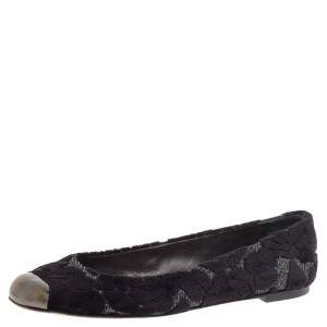 Pre Owned Giuseppe Zanotti Black/Silver Embossed Velvet And Fabric Metal Cap Toe Ballet Flat Size 39