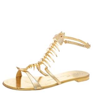Pre Owned Giuseppe Zanotti Gold Leather Fishbone Embellished Ankle Strap Sandals Size 36