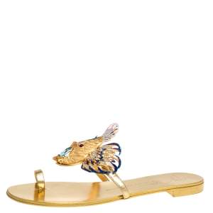Pre Owned Giuseppe Zanotti Gold Fish Embellished Toe Ring Flats Size 37