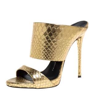 Pre Owned Giuseppe Zanotti Metallic Gold Snakeskin Effect Leather Andrea Mules Size 37.5