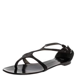 Pre Owned Giuseppe Zanotti Black Suede Crystal Embellished Flat Slides Size 39