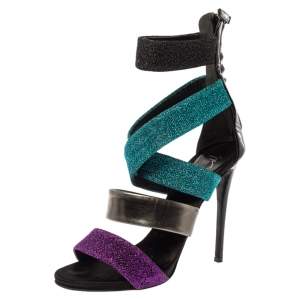 Pre Owned Giuseppe Zanotti Multicolor Glitter Fabric And Leather Strappy Ankle Cuff Sandals Size 38.5