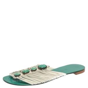 Pre Owned Giuseppe Zanotti Blue Leather Crystal Embellished Flats Size 41