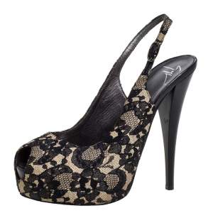Giuseppe Zanotti Black Lace Peep Toe Slingback Sandals Size 38