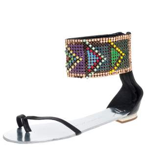 Pre Owned Giuseppe Zanotti Multicolor Beads and Leather Ankle Wrap Flat  Sandals Size 39