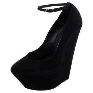 Pre Owned Giuseppe Zanotti Black Suede Ankle Strap Platform Wedge Pumps Size 36