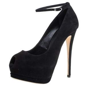 Pre Owned Giuseppe Zanotti Black Suede Peep Toe Ankle Strap Platform Pumps Size 36.5
