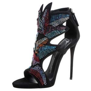 Pre Owned Giuseppe Zanotti Black Suede Leather Swarovski Embellished Kimberly Ankle Sandals Size 39