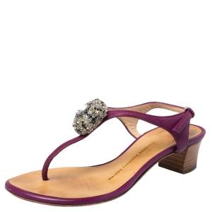 Pre Owned Giuseppe Zanotti Purple Leather Crystal embellished Thong Sandals Size 36
